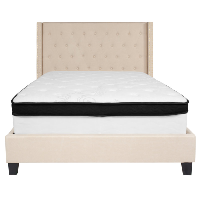 Aluino Tufted Upholstered Platform Bed w/ Memory Foam Pocket Spring Mattress, Beige, Twin