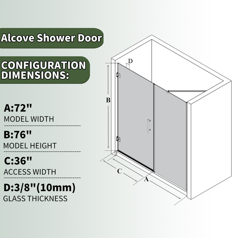 70-72'' W X 76'' H Frameless Hinged Shower Door With Clear Glass Panel