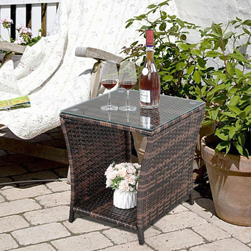 Jelsy Patio Wicker Side Coffee Table, Bistro Square Glass Top Rattan End Table with Storage