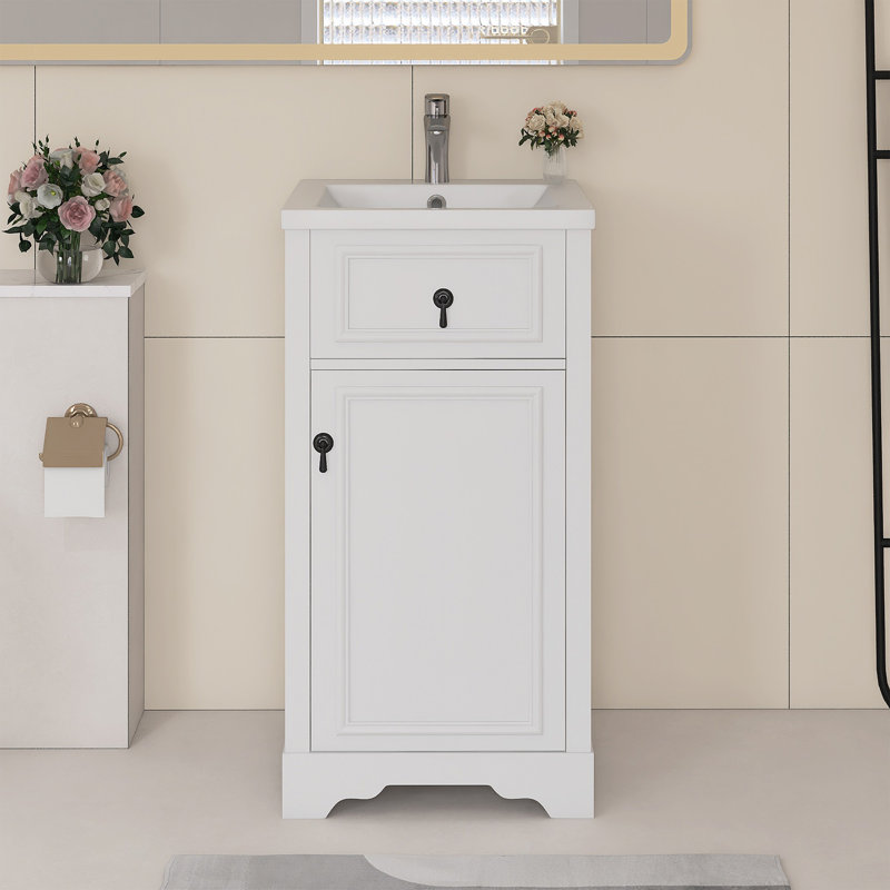 Meuble-lavabo autoportant de 20 po avec lavabo en céramique, Black, White