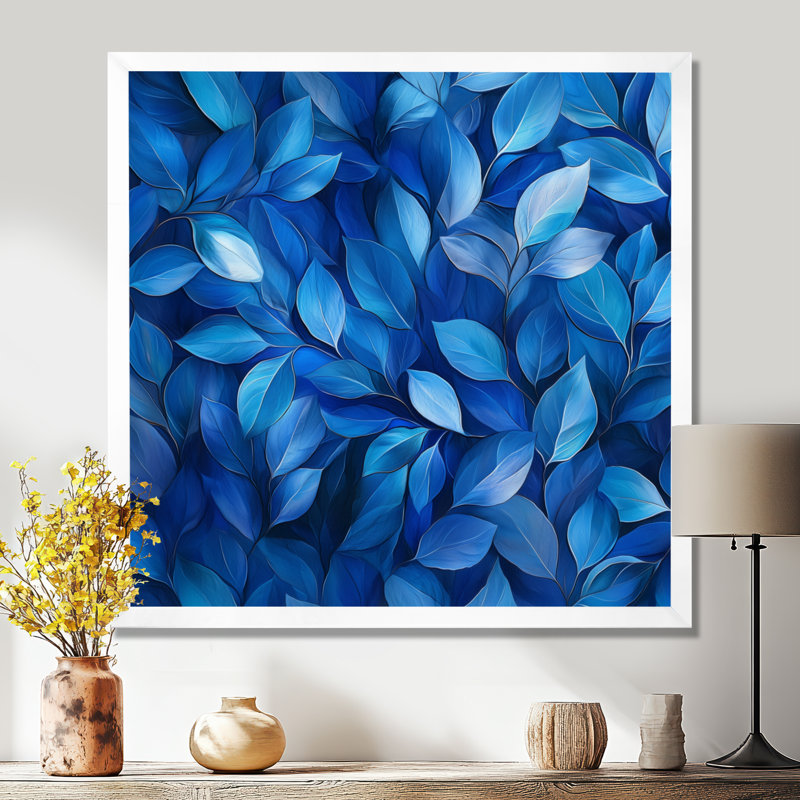 «Cobalt Leaves In Moon Light Collage III», art mural pour salon, H 16 po x l 16 po, Picture Framed, Blanc