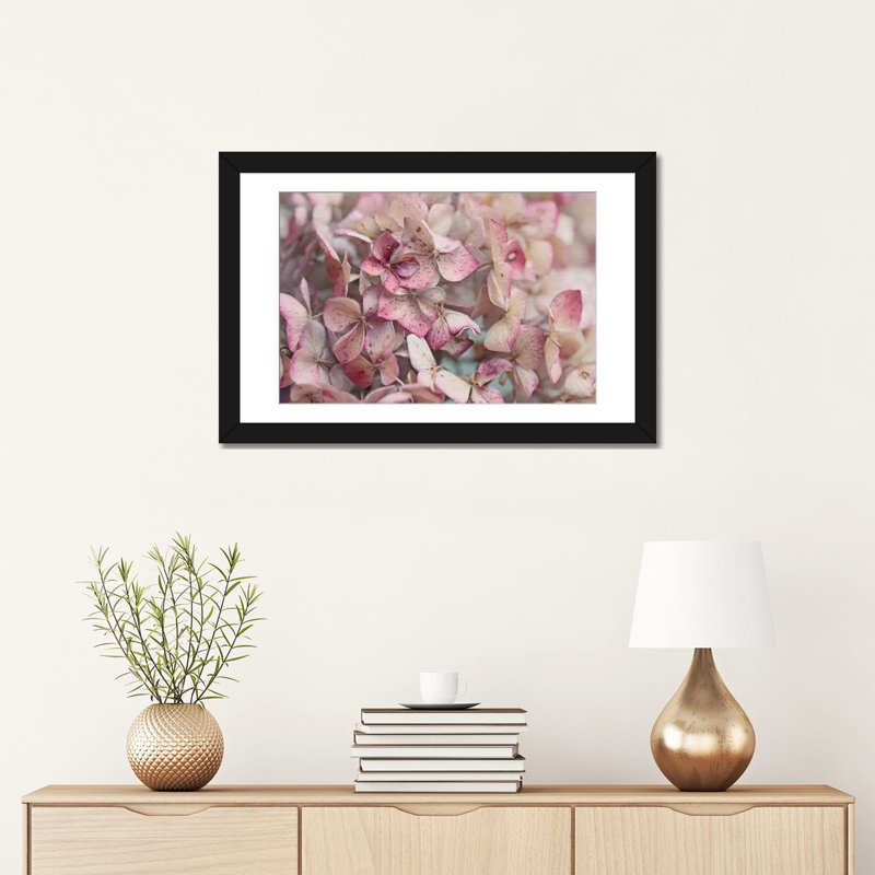 Hortensia rétro, impression sur toile, H 16 po x l 24 po x P 1 po, Papier d'art encadré noir, Blanc