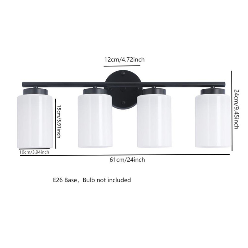 Luminaire de salle de bain à 4 lumières à intensité variable avec abat-jour en verre blanc laiteux
