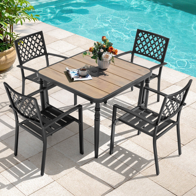 5-piece Ergonomic Patio Outdoor Metal Dining Set With Umbrella Hole, Brown