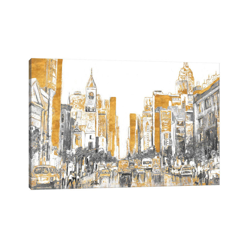 «Golden City» par Patricia Pinto - peinture sur toile tendue, H 12 po x l 18 po x 1,5 po