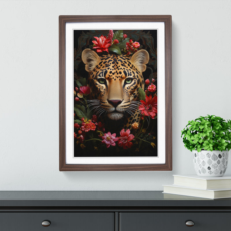 Leopard Rococo - Single Picture Frame Print on Wood, 64cm H x 46cm W x 2cm D, Walnut Framed