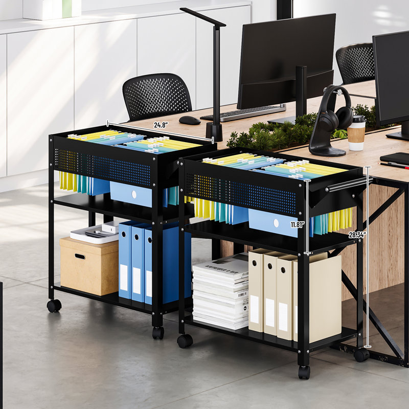 Black Steel Mobile File Cart with Shelves and Hanging Rod