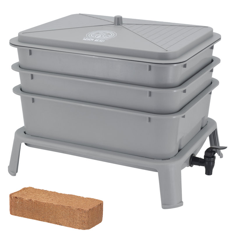 Gray 4-Tray Plastic Worm Composting Bin with Coco Coir Brick