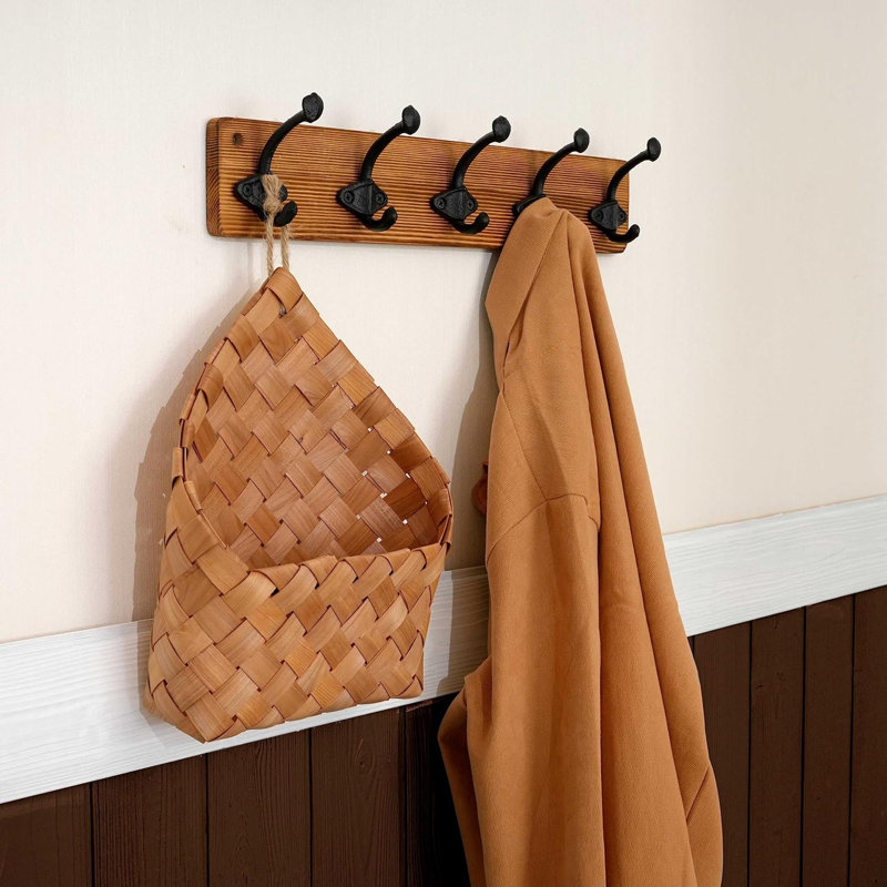 Portemanteau rustique mural, 5 crochets en fonte fixés au mur, Brun