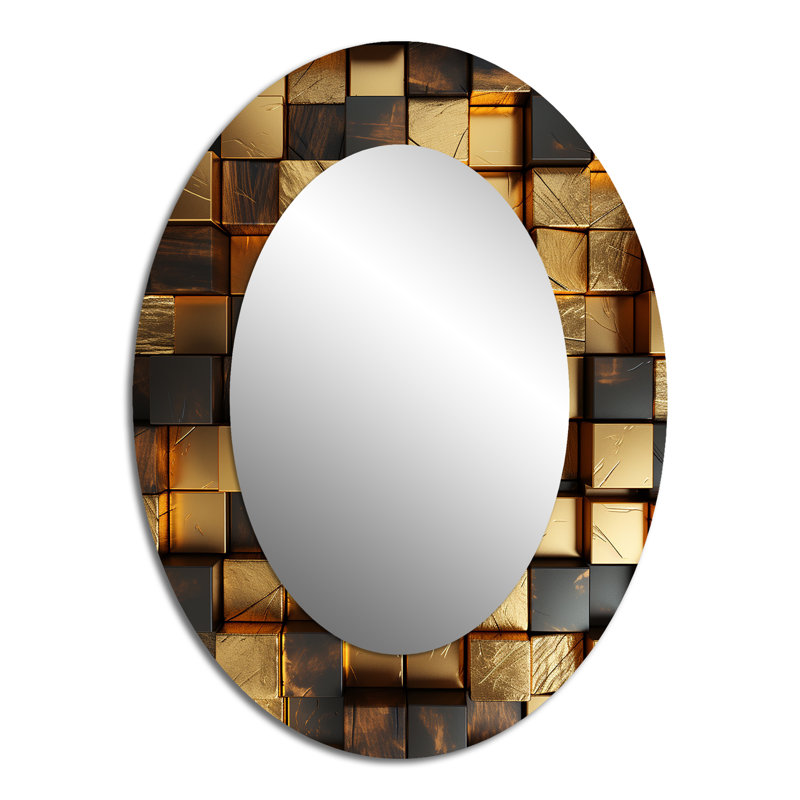 Cubes abstraits noirs et dorés I - Miroir décoratif ovale abstrait sur métal, H 40 po x l 30 po