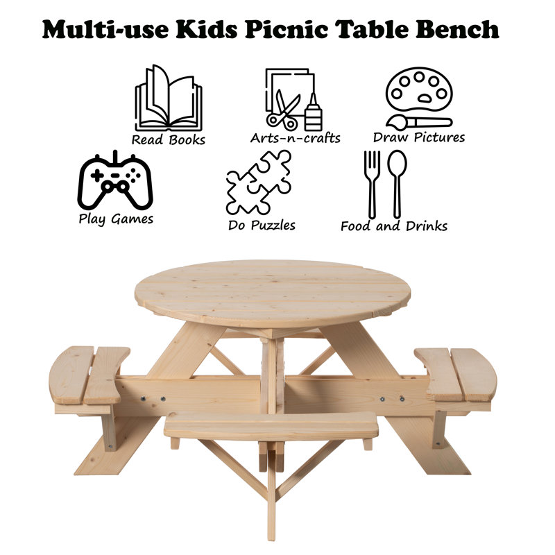 Natural Wood Round Kids Picnic Table with Benches