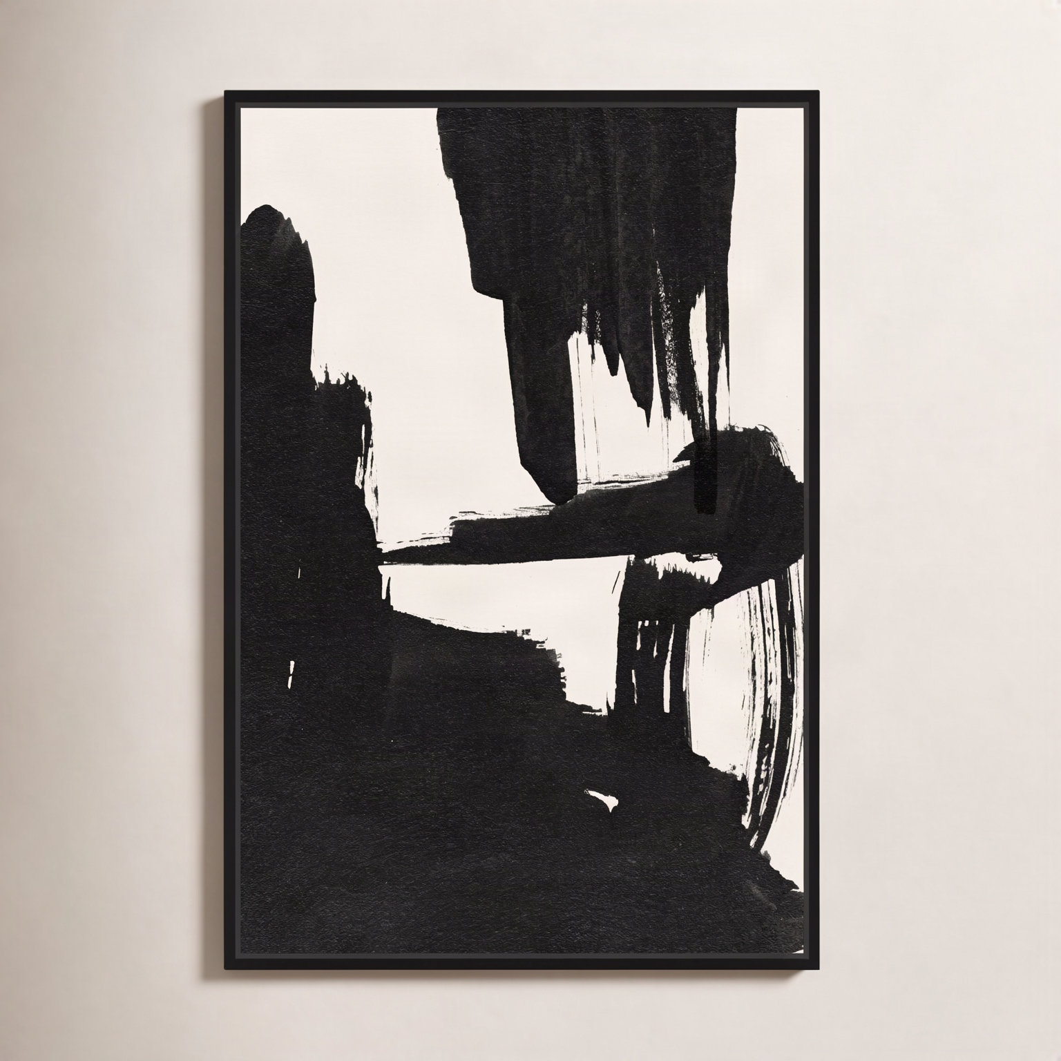 Abstract Black and White Brush Stroke Print, 25" H x 17" W, Black
