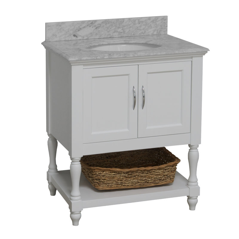 Hampton 30'' Single Bathroom Vanity with Top, White, Carrara Marble