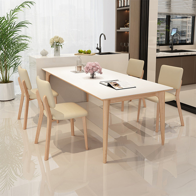 4 - Person White + Burlywood Rectangular Sintered Stone + Solid Wood Dining Table Set, 29.53"H x 55.12"L x 31.5"W
