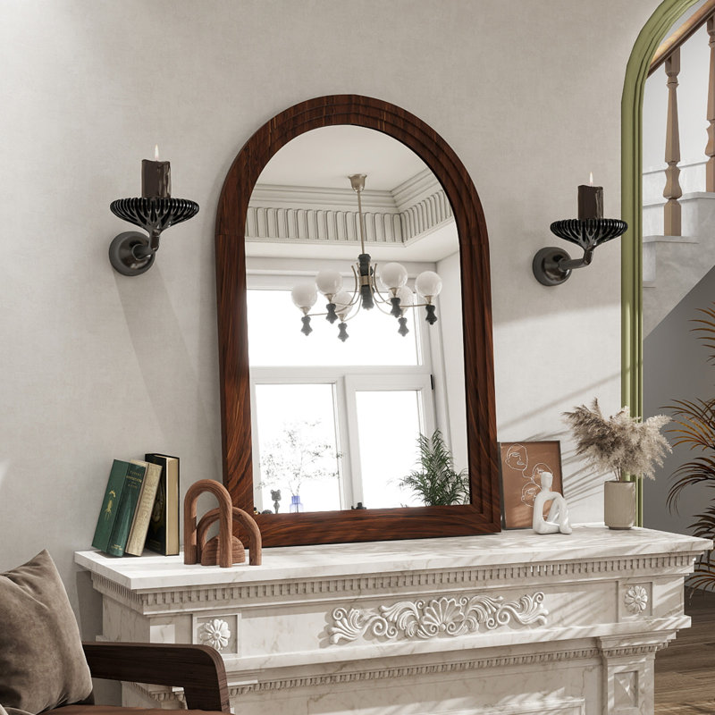 Arched Waterproof Solid Wood Wall Mirror , 36" x 24", Brown