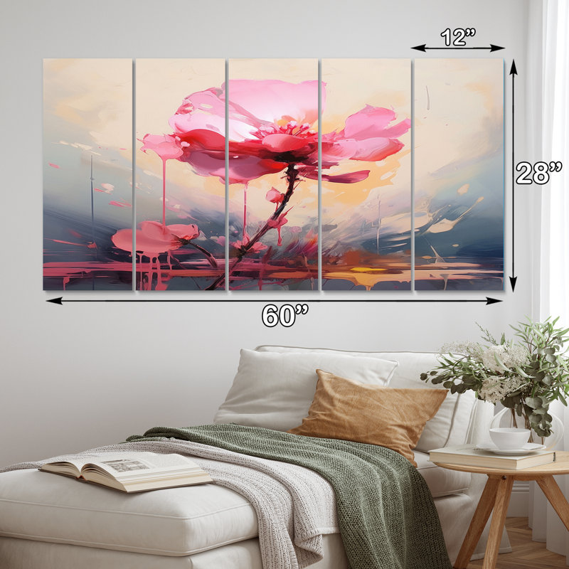 «Coral Elegance Single Rose Rose Blossoming», reproduction d'art sur toile - 5 panneaux égaux