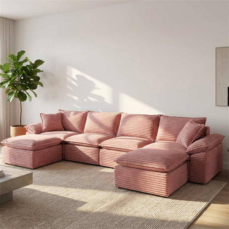 Canapé modulaire surdimensionné en U 144 po avec repose-pieds mobile en velours côtelé 144 po, Pink