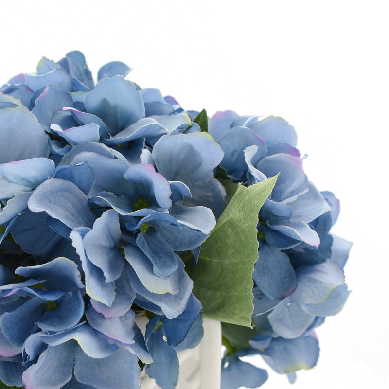 Mixed Hydrangeas In White Woven Planter, Blue