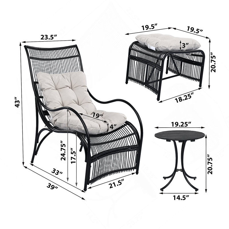 3 Pieces Wicker Outdoor Patio Furniture Set With Lounge Chair, Balcony Chairs Table Set With Cushions, Ottoman, Patio Conversation Sets For Garden ,Deck,And Porch, Black & 
