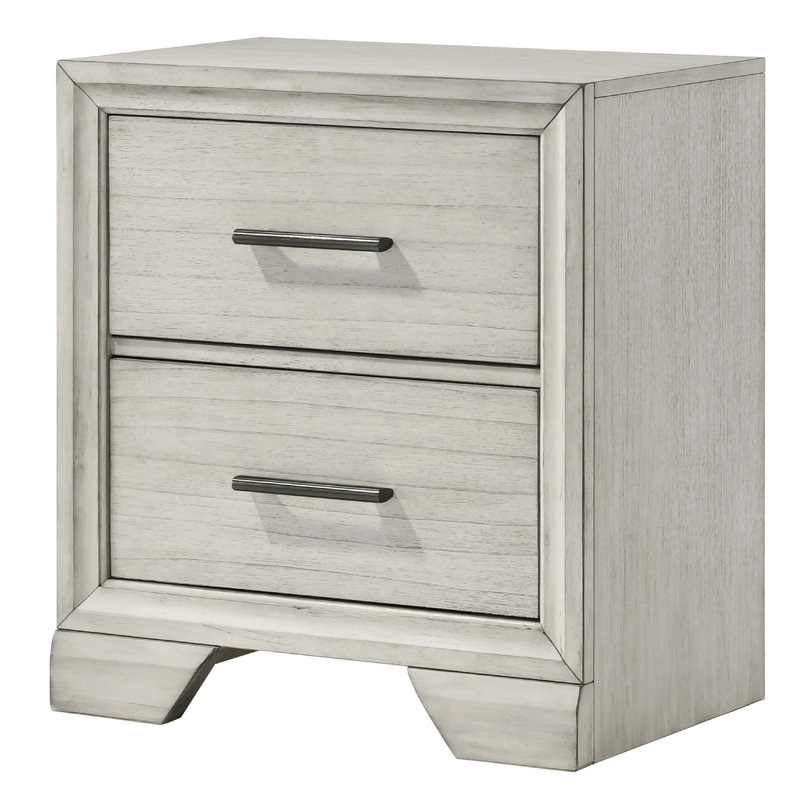 Table de chevet Jeni, 2 tiroirs, poignées chromées, brume blanche rustique