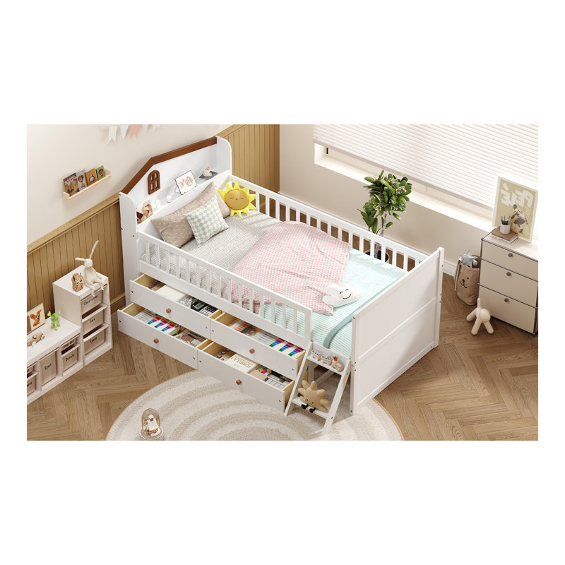 Cadre de lit simple avec rangement à 4 tiroirs, cadre de lit en bois pour enfants, lit plateforme simple avec tête de lit et échelle de garde-corps, aucun sommier requis, assemblage facile, blanc