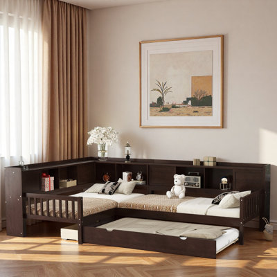 L-shaped Platform Bed With Trundle, Storage Drawers And Shelves