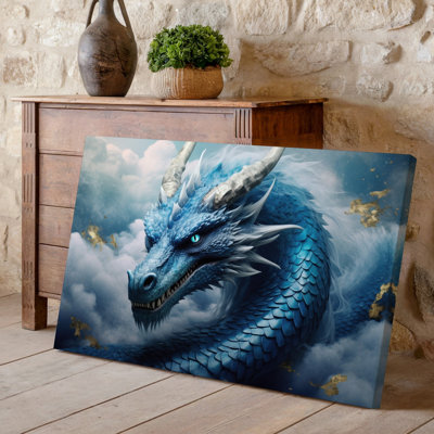 Toile, "Un dragon majestueux émerge des nuages tourbillonnants avec son corps puissant"