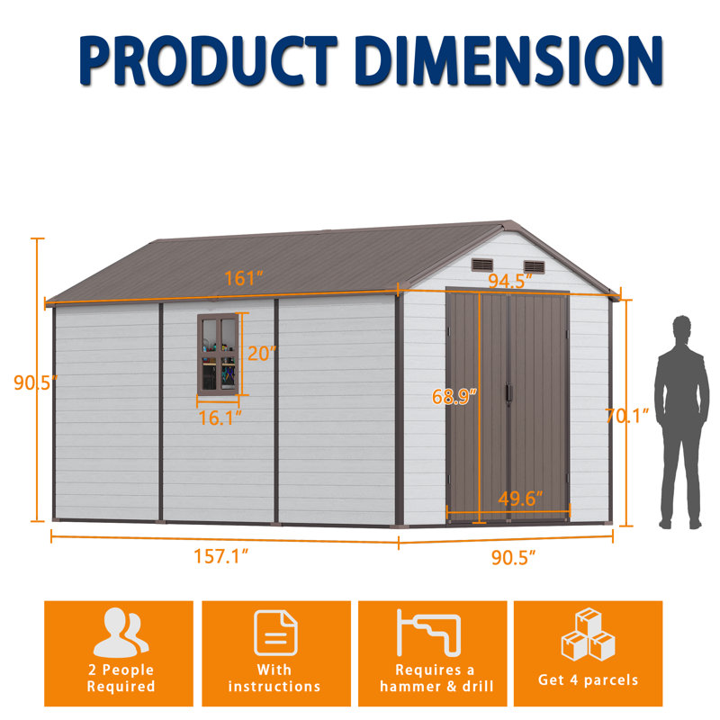 8x14 Ft Resin Outdoor Storage Shed With Floor, Weather-resistant Plastic Garden Shed With Windows, Lockable Door And Vents, Outside Tool Storage Sheds For Backyard, Garden, Lawn
