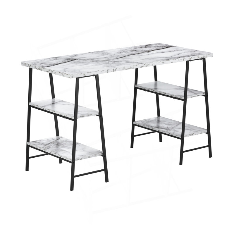 Computer Desk, Home Office, Laptop, Storage Shelves, 48"L, Work, White Marble Look Laminate, Black Metal, Contemporary