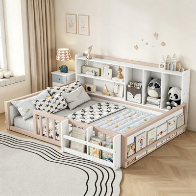 Structure de lit plateforme en bois pleine grandeur pour enfants avec clôture de garde-corps, tablettes de rangement latérales et étagère à livres, lit de plancher compact, blanc