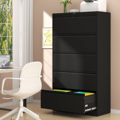 Classeurs latéraux en métal à 5 tiroirs de 64 po de hauteur avec verrou pour bureau à domicile Makafe, H 64 po, assemblage requis, noir