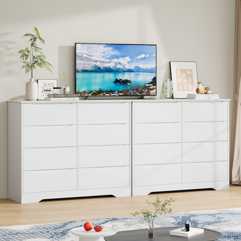 Grande commode moderne en bois avec 8 tiroirs, rangement profond, grande commode à large plateau, Blanc