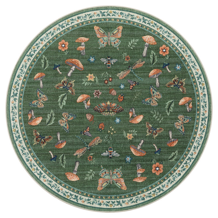 Floral Machine Washable Rug with Non-Slip Backing, Soft Thin Low Pile Non Shedding Floor Carpet, Indoor Foldable Printed Accent Mat for Living Room/Nursery/Bedroom