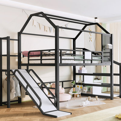 House Loft Bed With Slide And Stairs, Metal Bed With Storage Shelves, House-Shaped Roof