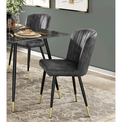Modern Design Home Furniture Chairs Set Of 2, Charcoal-Hued Velvet Upholstery Channel Tufting Black Metal Legs With Gold-Finish Accent
