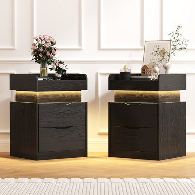 Grande table de chevet moderne en bois 30,1 po à 2 tiroirs avec éclairage et rangement RVB 22 couleurs Lumina (ensemble de 2)