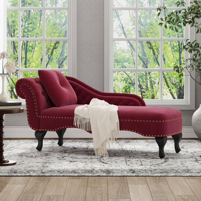 Aurielle Modern Neoclassical Velvet Chaise Lounge with Button Tufted Scrolled Backrest, Nailhead Trim, and Decorative Pillow
