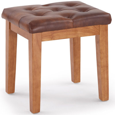 Tufted Upholstered Ottoman Stool 16.5X13x17.5 Inch Retro Brown Faux Leather Solid Oak Vanity Chair For Bedroom Entryway Piano