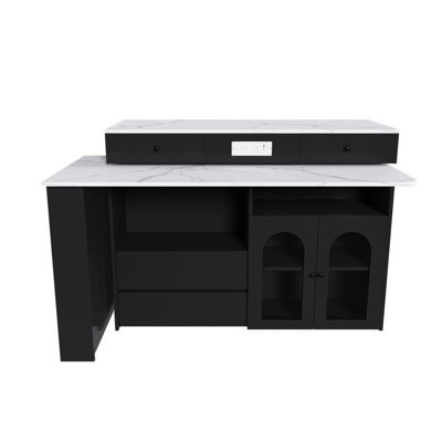 Kitchen Island with Extendable & Rotating Table, MDF with Marble Veneer Retro Design, 4 Drawers & Glass Door Cabinets with Built-in Socket, Expandable Dining Station for 2-4 Person