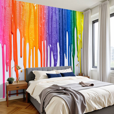 Peel And Stick Wallpaper 96" W X 69" H Modern Self Adhesive Wall Mural For Bedroom Rainbow Colors Paint Dripping Clipping Path