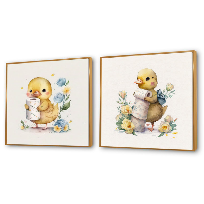 Poussin avec rouleau de papier hygiénique et fleurs - ensemble de 2 carrés de salle de bain, Cadre flottant doré