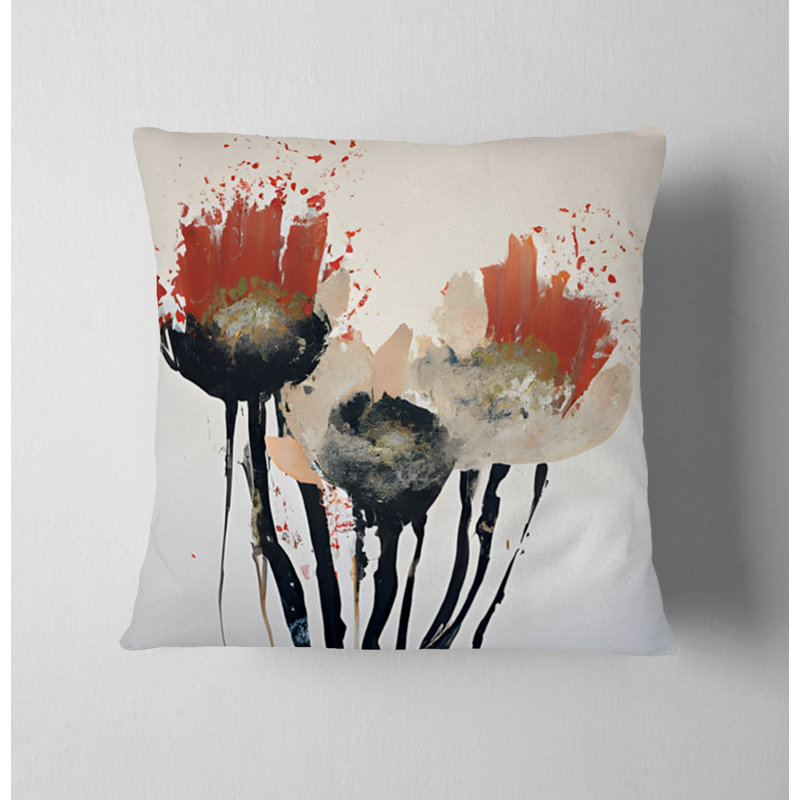 Coussin décoratif avec insert, Motif floral noir / blanc / rouge 3, H 20 po x l 20 po