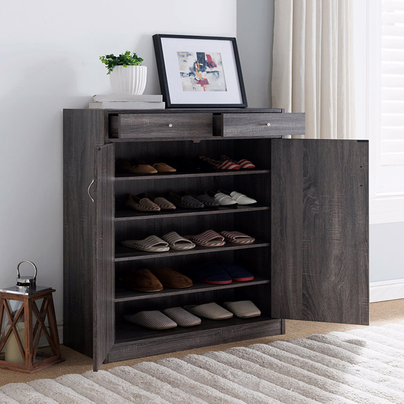 Armoire porte-chaussures 15 paires - deux portes, tiroir, version grise