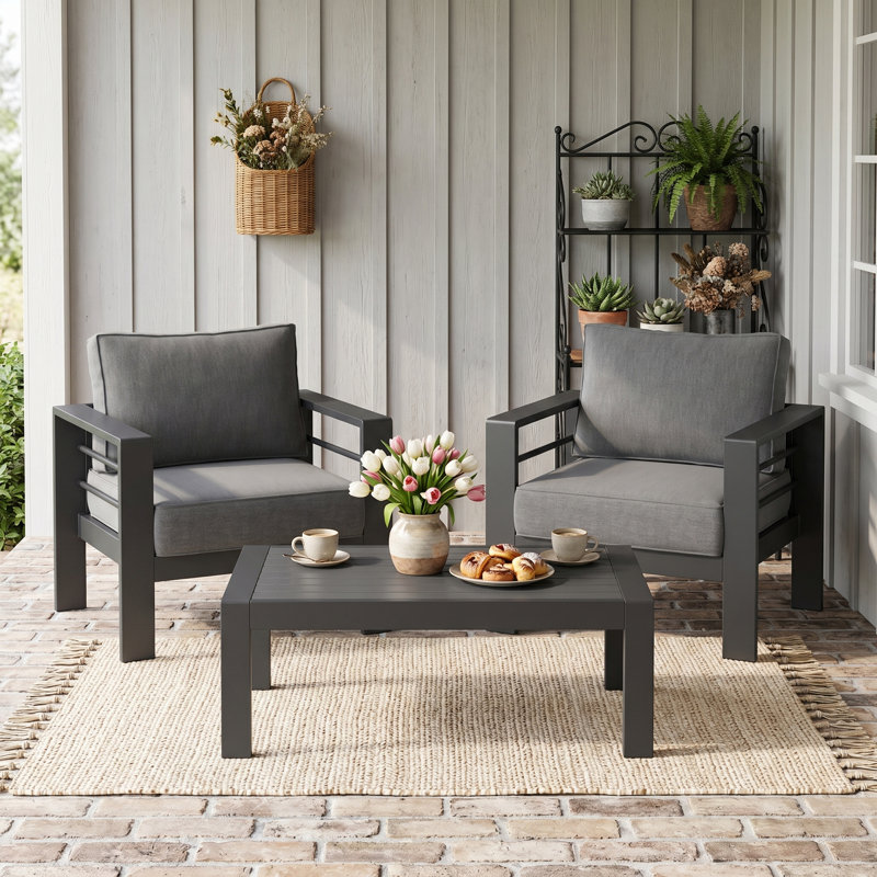 Ensemble de conversation pour l'extérieur en aluminium avec coussins 2 personnes, 3 Pcs: 2 Chairs, Coffee Table, Grey, Grey
