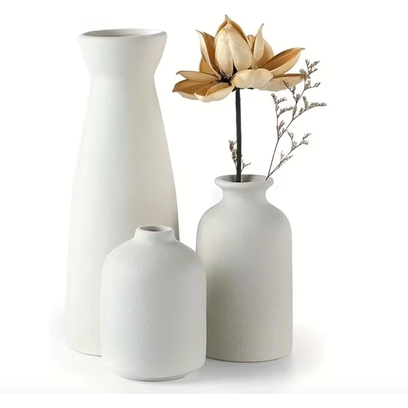 Ensemble de 3 vases à fleurs en céramique pour la décoration intérieure, résistant aux taches, salon, salle à manger, chambre à coucher, cuisine, salle de bain (blanc)