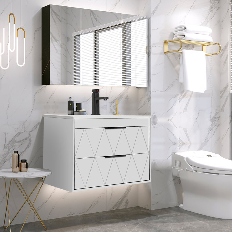 Ensemble de meuble-lavabo mural simple 24 po avec lavabo, robinet en alliage de zinc et tiroirs à fermeture en douceur Ciarra Makowski