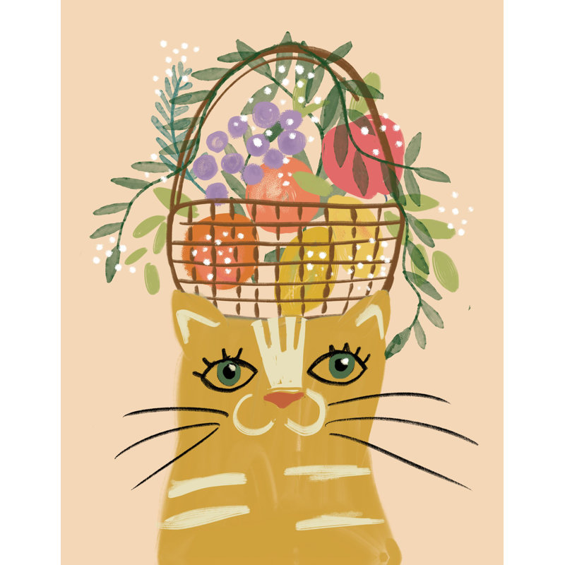Cat Fruit Basket - Painting Print, 122 cm H x 81 cm W , Black Floater Framed