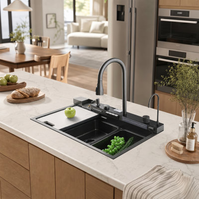 Évier de cuisine 32 po avec robinet escamotable, acier inoxydable noir Honeycomb, encastré / sur le dessus