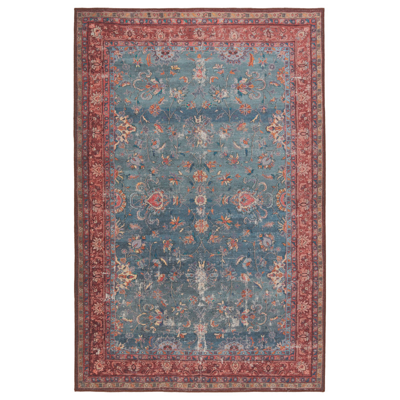 Machine Washable Floral Power Loom Polyester Area Rug in Blue/Red, Rectangle 7'6" x 10'