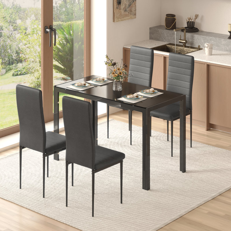 Black Tempered Glass Top Dining Table Set with Faux Leather Chairs